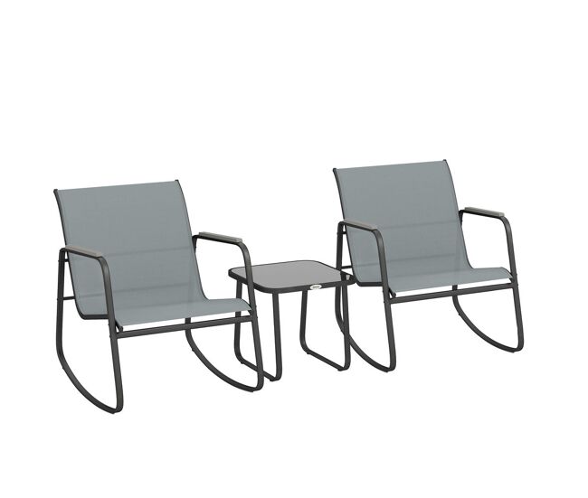 Outsunny conjunto de mesa y sillas de terraza exterior de 3 piezas, muebles de jardín exterior con 2 sillas mecedoras, mesa con encimera de vidrio y