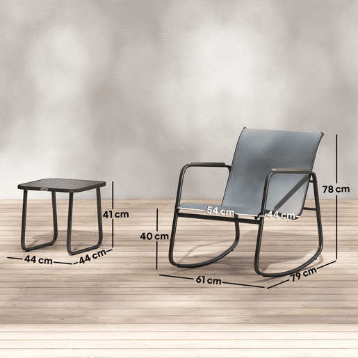 Outsunny Conjunto de Mesa e Cadeiras de Terraço Exterior de 3 Peças, Móveis de Jardim com 2 Cadeiras de Balanço Mesa com Tampo de Vidro e Estrutura de Aço para Varanda ou Pátio Cinza
