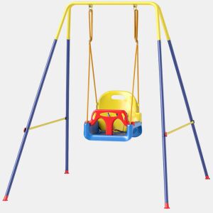 AIYAPLAY Baloiço para Bebés 3 em 1 Baloiço Jardim Exterior com Cordas Ajustáveis Cinto de Segurança Estrutura em A Dobrável para Crianças de 9 Meses a 8 Anos para Interior e Exterior 128x155x157 cm Azul