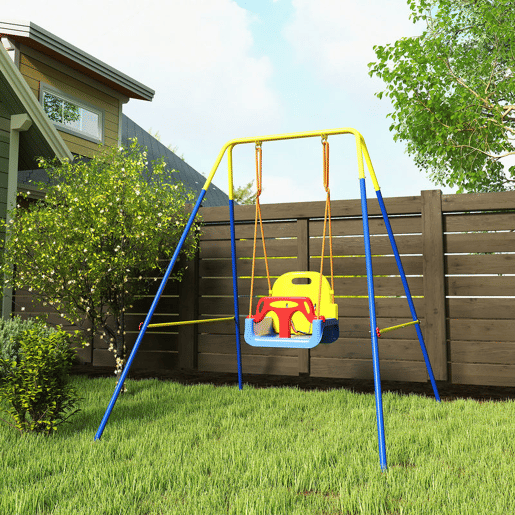 AIYAPLAY Baloiço para Bebés 3 em 1 Baloiço Jardim Exterior com Cordas Ajustáveis Cinto de Segurança Estrutura em A Dobrável para Crianças de 9 Meses a 8 Anos para Interior e Exterior 128x155x157 cm Azul