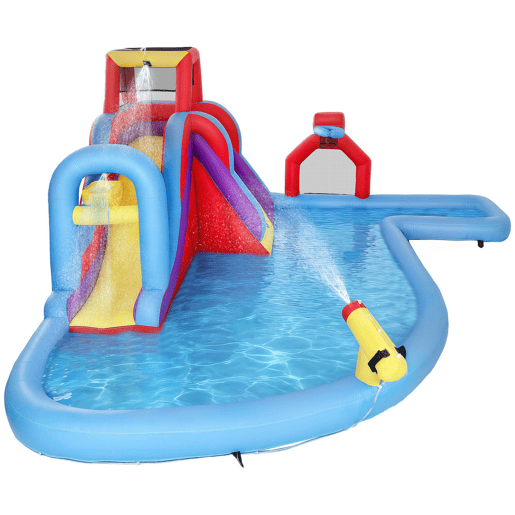 AIYAPLAY Castelo Insuflável Aquático 6 em 1 com Insuflador de 550W para Crianças com Escorrega Parede de Escalada Piscina Aro de Basquetebol e Baliza de Futebol para Exterior e Interior 470x445x205 cm