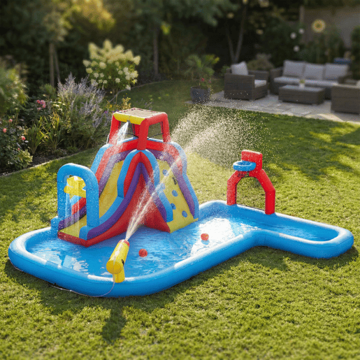 AIYAPLAY Castelo Insuflável Aquático 6 em 1 com Insuflador de 550W para Crianças com Escorrega Parede de Escalada Piscina Aro de Basquetebol e Baliza de Futebol para Exterior e Interior 470x445x205 cm