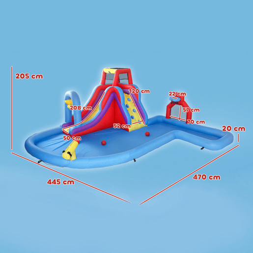 AIYAPLAY Castelo Insuflável Aquático 6 em 1 com Insuflador de 550W para Crianças com Escorrega Parede de Escalada Piscina Aro de Basquetebol e Baliza de Futebol para Exterior e Interior 470x445x205 cm