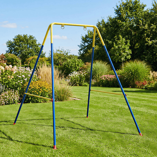 AIYAPLAY Estrutura de Baloiço Infantil Dobrável Estrutura Metálica para 1 Baloiço com 2 Ganchos 4 Estacas Resistente até 50 kg Forma A para Interior e Exterior 128x155x157 cm Azul