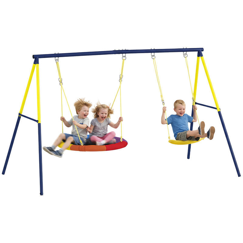 Aiyaplay columpio para bebés, columpio jardín exterior con cuerdas ajustables, soporte de acero, carga 150 kg, para 3 niños de 3-8 años, para interior, exterior, multicolor