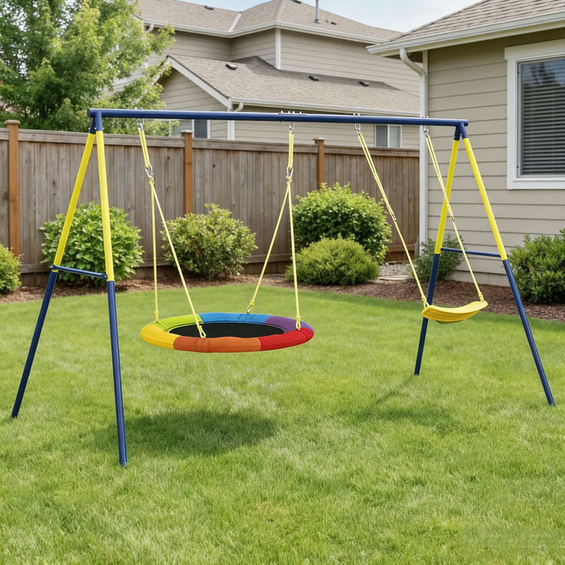 AIYAPLAY Set De Columpios Para Jardín Con 2 Columpios Simples Y 1 Plataforma – Estructura Metálica De 120 Kg, Cuerdas Ajustables, Multicolor