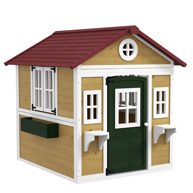 Outsunny casa de jardín infantil casa de madera para niños con puerta ventanas jardineras y soportes de flores 114x126,4x135 cm madera natural