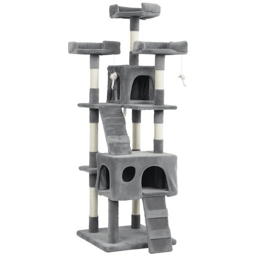 PawHut Arranhador para Gatos Arranhador de Gatos 153 cm com 2 Cavernas 3 Camas 2 Rampas Postes de Sisal e 2 Ratos Pendentes Cinzento