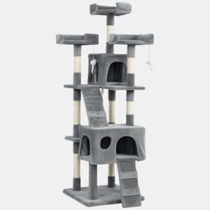 PawHut Arranhador para Gatos Arranhador de Gatos 153 cm com 2 Cavernas 3 Camas 2 Rampas Postes de Sisal e 2 Ratos Pendentes Cinzento