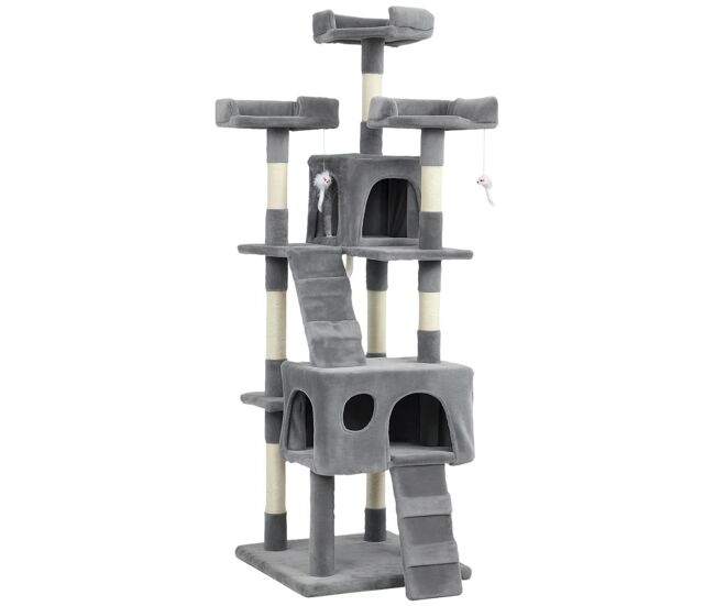 Pawhut árbol rascador para gatos, árbol para gatos 153 cm, torre escalador con 2 cuevas, 3 camas, 2 rampas, postes de sisal, 2 ratones colgantes, gris