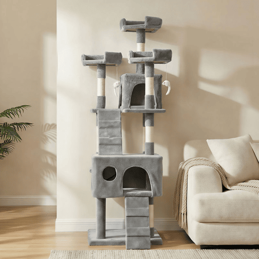 PawHut Arranhador para Gatos Arranhador de Gatos 153 cm com 2 Cavernas 3 Camas 2 Rampas Postes de Sisal e 2 Ratos Pendentes Cinzento