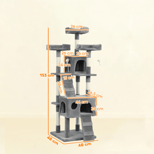 PawHut Arranhador para Gatos Arranhador de Gatos 153 cm com 2 Cavernas 3 Camas 2 Rampas Postes de Sisal e 2 Ratos Pendentes Cinzento