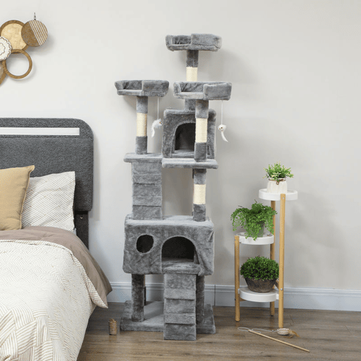 PawHut Arranhador para Gatos Arranhador de Gatos 153 cm com 2 Cavernas 3 Camas 2 Rampas Postes de Sisal e 2 Ratos Pendentes Cinzento