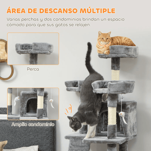 PawHut Arranhador para Gatos Arranhador de Gatos 153 cm com 2 Cavernas 3 Camas 2 Rampas Postes de Sisal e 2 Ratos Pendentes Cinzento