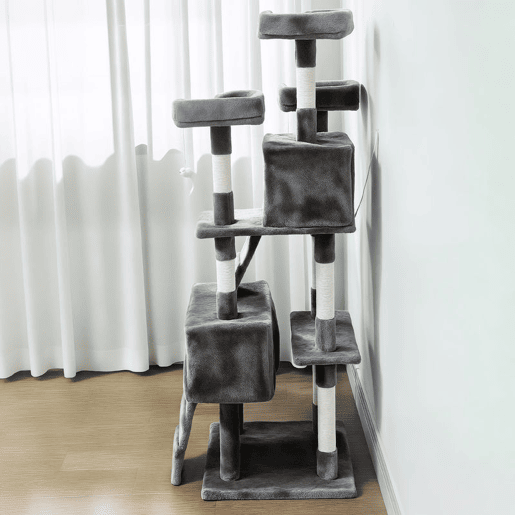 PawHut Arranhador para Gatos Arranhador de Gatos 153 cm com 2 Cavernas 3 Camas 2 Rampas Postes de Sisal e 2 Ratos Pendentes Cinzento