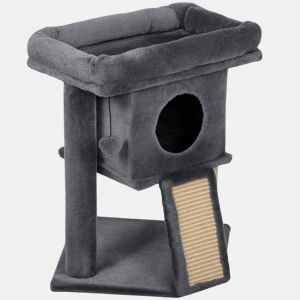 PawHut Arranhador para Gatos Pequenos 57 cm Torre para Gatos com Poste de Sisal Rampa para Arranhar Caverna Cama e Bola Suspensa 40x40x57 cm Cinzento Escuro