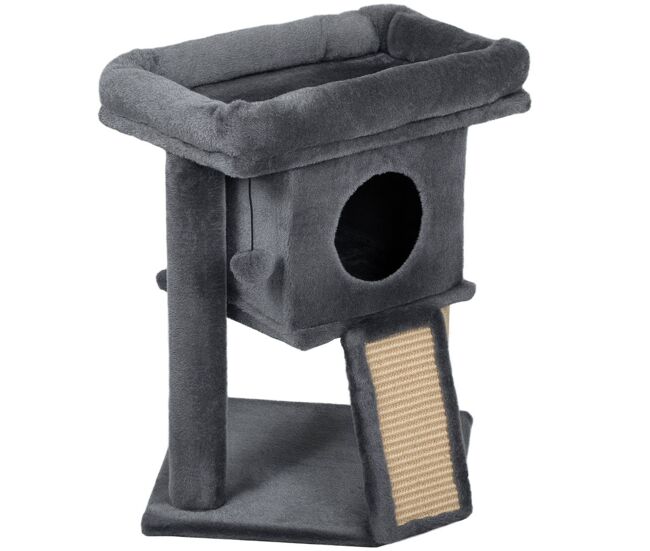 Pawhut árbol rascador para gatos pequeños 57 cm, torre para gatos con poste de sisal, rampa para rascar, cueva, cama y bola colgante, 40x40x57 cm, gris oscuro