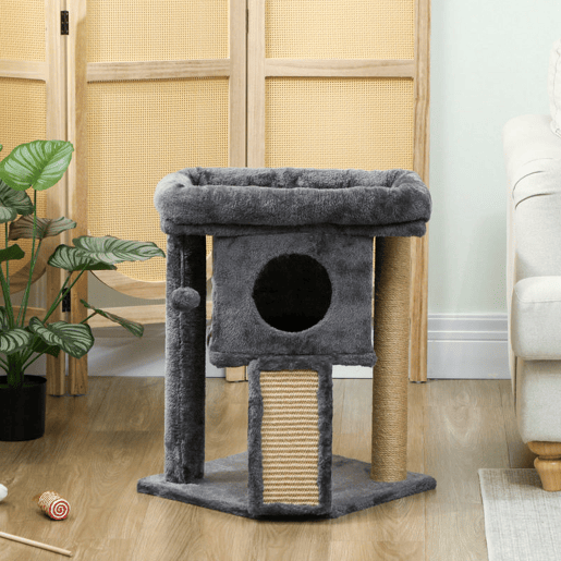 PawHut Arranhador para Gatos Pequenos 57 cm Torre para Gatos com Poste de Sisal Rampa para Arranhar Caverna Cama e Bola Suspensa 40x40x57 cm Cinzento Escuro