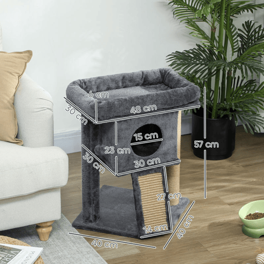 PawHut Arranhador para Gatos Pequenos 57 cm Torre para Gatos com Poste de Sisal Rampa para Arranhar Caverna Cama e Bola Suspensa 40x40x57 cm Cinzento Escuro