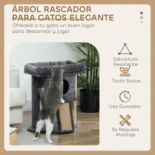 PawHut Arranhador para Gatos Pequenos 57 cm Torre para Gatos com Poste de Sisal Rampa para Arranhar Caverna Cama e Bola Suspensa 40x40x57 cm Cinzento Escuro