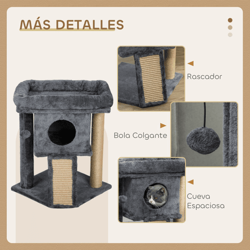PawHut Arranhador para Gatos Pequenos 57 cm Torre para Gatos com Poste de Sisal Rampa para Arranhar Caverna Cama e Bola Suspensa 40x40x57 cm Cinzento Escuro