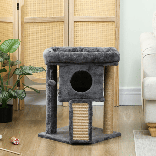 PawHut Arranhador para Gatos Pequenos 57 cm Torre para Gatos com Poste de Sisal Rampa para Arranhar Caverna Cama e Bola Suspensa 40x40x57 cm Cinzento Escuro