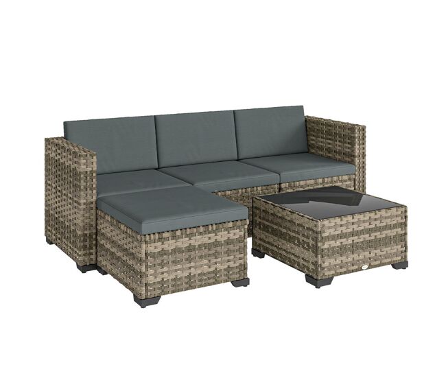 Outsunny conjunto de jardín de ratán de 5 piezas, conjunto terraza resistente, muebles jardín exterior incluye cojines, 2 sillones de esquina, sillón sin brazos, reposapiés y mesa centro, gris oscuro