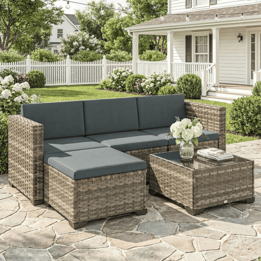 Outsunny Conjunto de Jardim em Vime de 5 Peças Conjunto para Terraço Resistente Móveis de Jardim Exterior Inclui Almofadas 2 Poltronas de Canto Poltrona sem Braços Apoia-Pés e Mesa de Centro Cinza Escuro