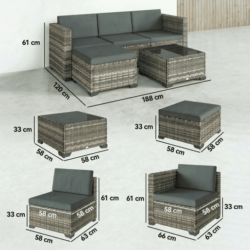 Outsunny Conjunto de Jardim em Vime de 5 Peças Conjunto para Terraço Resistente Móveis de Jardim Exterior Inclui Almofadas 2 Poltronas de Canto Poltrona sem Braços Apoia-Pés e Mesa de Centro Cinza Escuro