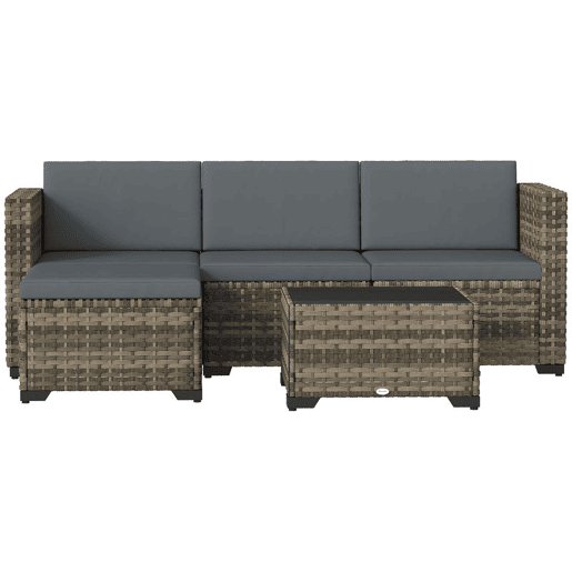 Outsunny Conjunto de Jardim em Vime de 5 Peças Conjunto para Terraço Resistente Móveis de Jardim Exterior Inclui Almofadas 2 Poltronas de Canto Poltrona sem Braços Apoia-Pés e Mesa de Centro Cinza Escuro