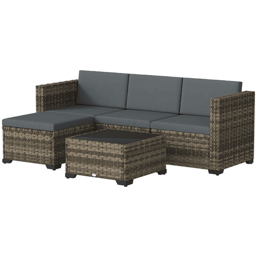 Outsunny Conjunto de Jardim em Vime de 5 Peças Conjunto para Terraço Resistente Móveis de Jardim Exterior Inclui Almofadas 2 Poltronas de Canto Poltrona sem Braços Apoia-Pés e Mesa de Centro Cinza Escuro