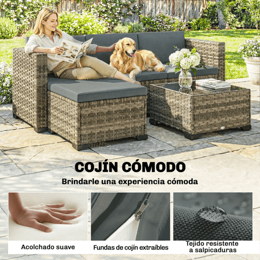 Outsunny Conjunto de Jardim em Vime de 5 Peças Conjunto para Terraço Resistente Móveis de Jardim Exterior Inclui Almofadas 2 Poltronas de Canto Poltrona sem Braços Apoia-Pés e Mesa de Centro Cinza Escuro
