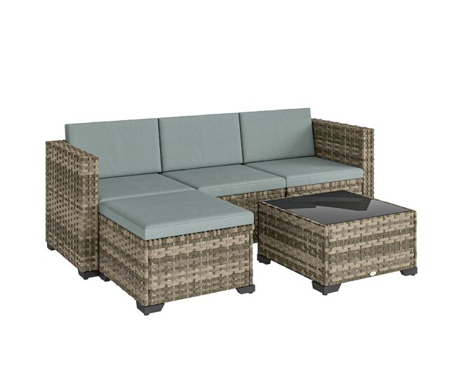 Outsunny conjunto de jardín de ratán de 5 piezas, conjunto terraza resistente, muebles jardín exterior incluye cojines, 2 sillones de esquina, sillón sin brazos, reposapiés y mesa centro, gris claro