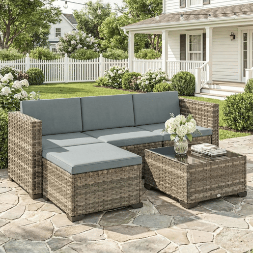 Outsunny Conjunto de Jardim em Vime de 5 Peças Conjunto para Terraço Resistente Móveis de Jardim Exterior Inclui Almofadas 2 Poltronas de Canto Poltrona sem Braços Apoia-Pés e Mesa de Centro Cinza Claro