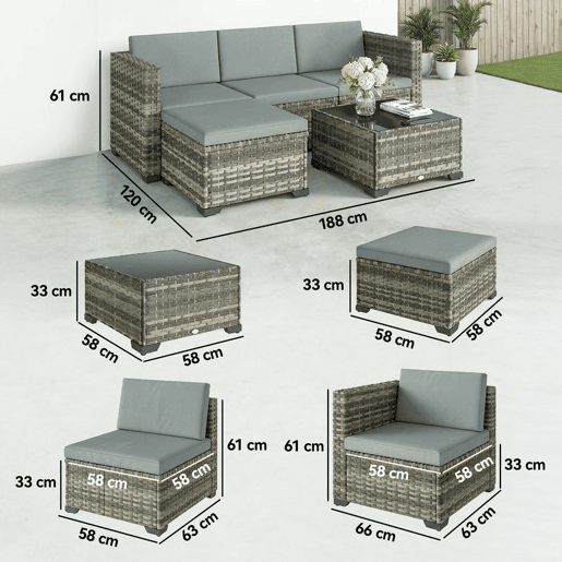 Outsunny Conjunto de Jardim em Vime de 5 Peças Conjunto para Terraço Resistente Móveis de Jardim Exterior Inclui Almofadas 2 Poltronas de Canto Poltrona sem Braços Apoia-Pés e Mesa de Centro Cinza Claro