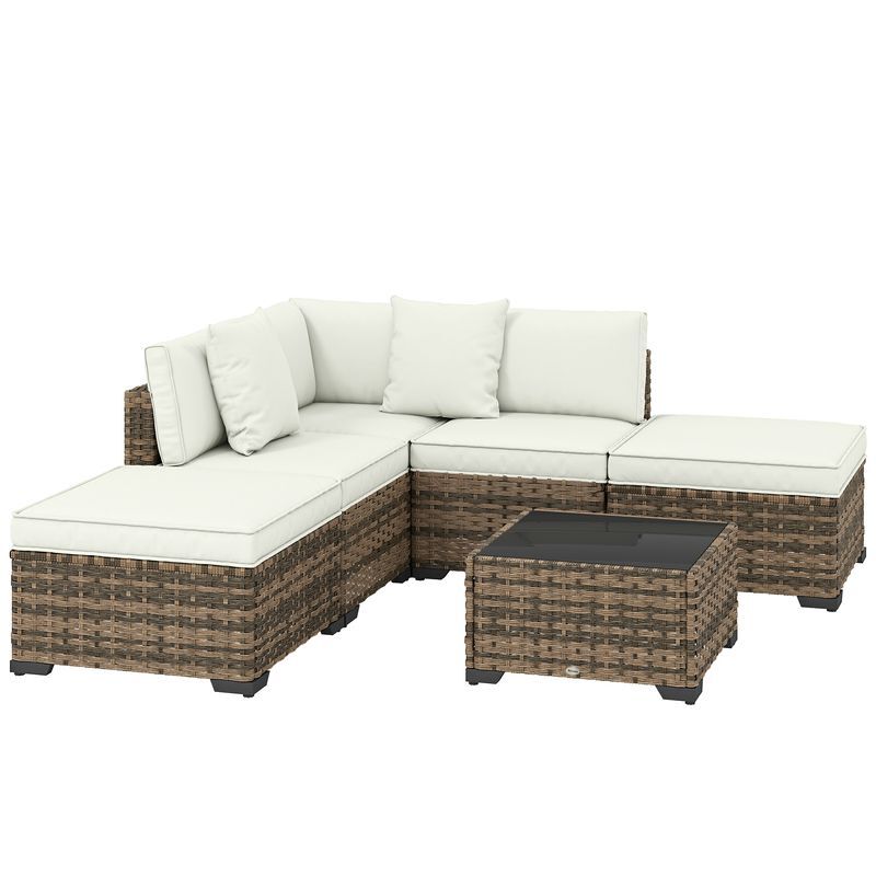 Outsunny conjunto de jardín de ratán de 6 piezas, conjunto terraza resistente, muebles jardín exterior incluye cojines, 4 módulos de asiento, 1 sofá esquinero y mesa centro de vidrio, amarillo mixto