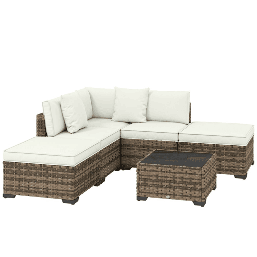 Outsunny Conjunto de Jardim de Rattan de 6 Peças, Conjunto Resistente para Terraço, Móveis de Jardim para Exterior com Almofadas Incluídas, 4 Módulos de Assento, 1 Sofá de Canto e Mesa de Centro com Vidro, Amarelo Misturado