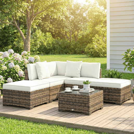 Outsunny Conjunto de Jardim de Rattan de 6 Peças, Conjunto Resistente para Terraço, Móveis de Jardim para Exterior com Almofadas Incluídas, 4 Módulos de Assento, 1 Sofá de Canto e Mesa de Centro com Vidro, Amarelo Misturado