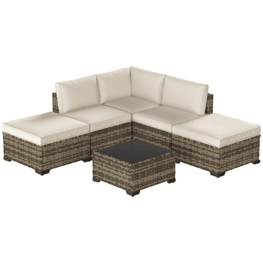 Outsunny Conjunto de Jardim de Rattan de 6 Peças, Conjunto Resistente para Terraço, Móveis de Jardim para Exterior com Almofadas Incluídas, 4 Módulos de Assento, 1 Sofá de Canto e Mesa de Centro com Vidro, Amarelo Misturado