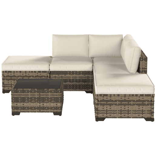 Outsunny Conjunto de Jardim de Rattan de 6 Peças, Conjunto Resistente para Terraço, Móveis de Jardim para Exterior com Almofadas Incluídas, 4 Módulos de Assento, 1 Sofá de Canto e Mesa de Centro com Vidro, Amarelo Misturado