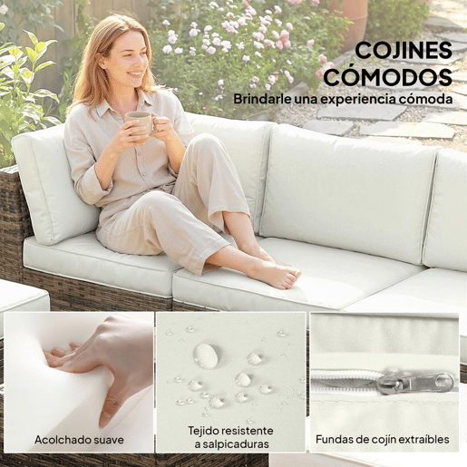 Outsunny Conjunto de Jardim de Rattan de 6 Peças, Conjunto Resistente para Terraço, Móveis de Jardim para Exterior com Almofadas Incluídas, 4 Módulos de Assento, 1 Sofá de Canto e Mesa de Centro com Vidro, Amarelo Misturado