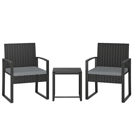 Outsunny Conjunto de Móveis de Exterior de 3 Peças Conjunto de Jardim em Vime PE com Cadeiras Mesa de Vidro Temperado e Almofadas Móveis para Balcão Cinza Claro