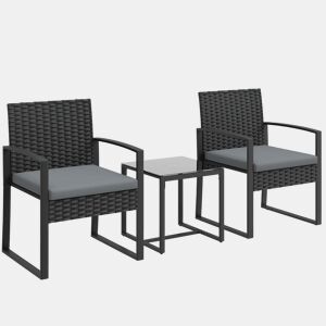 Outsunny Conjunto de Móveis de Exterior de 3 Peças Conjunto de Jardim em Vime PE com Cadeiras Mesa de Vidro Temperado e Almofadas Móveis para Balcão Cinza Claro