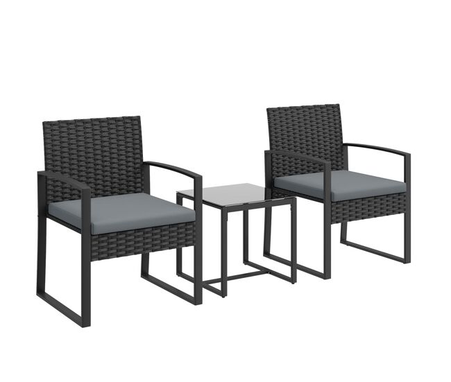 Outsunny conjunto de jardín exterior de 3 piezas, muebles jardín exterior de ratán con 2 sillas con cojines lavables y mesa de vidrio templado,