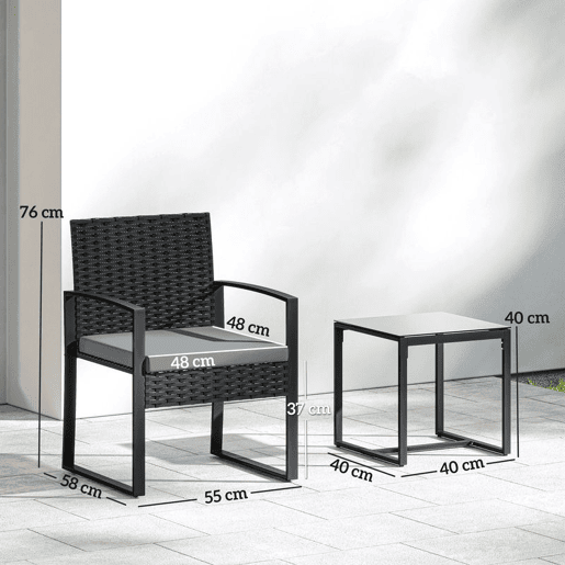 Outsunny Conjunto de Móveis de Exterior de 3 Peças Conjunto de Jardim em Vime PE com Cadeiras Mesa de Vidro Temperado e Almofadas Móveis para Balcão Cinza Claro