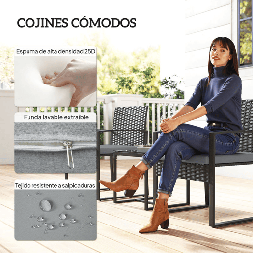 Outsunny Conjunto de Móveis de Exterior de 3 Peças Conjunto de Jardim em Vime PE com Cadeiras Mesa de Vidro Temperado e Almofadas Móveis para Balcão Cinza Claro