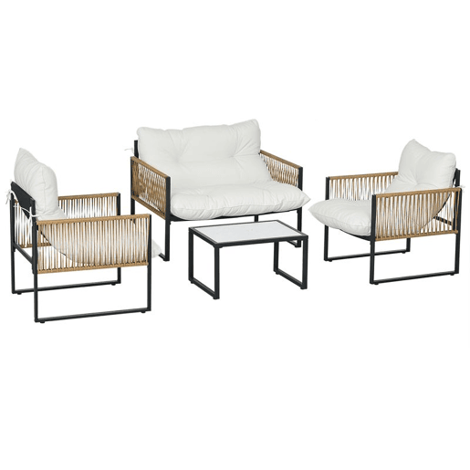 Outsunny Conjunto de Jardim Exterior em Rattan Móveis de Jardim para 4 Peças com 1 Sofá de 2 Lugares 2 Poltronas Almofadas e 1 Mesa com Tampo de Vidro para Terraço Creme e Castanho