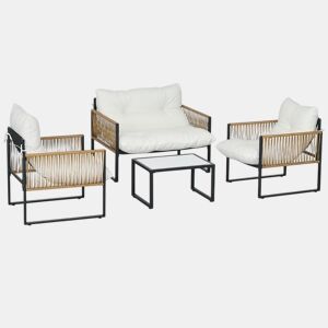 Outsunny Conjunto de Jardim Exterior em Rattan Móveis de Jardim para 4 Peças com 1 Sofá de 2 Lugares 2 Poltronas Almofadas e 1 Mesa com Tampo de Vidro para Terraço Creme e Castanho