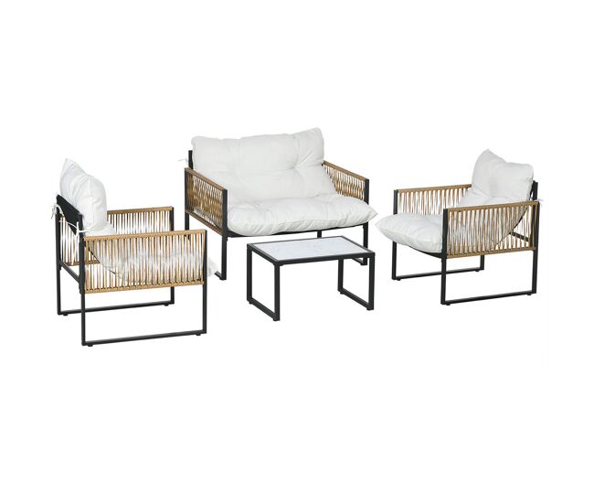 Outsunny conjunto jardín exterior de ratán, muebles jardín exterior para 4 piezas, muebles terraza con 1 sofá de 2 plazas, 2 sillones, cojines y 1