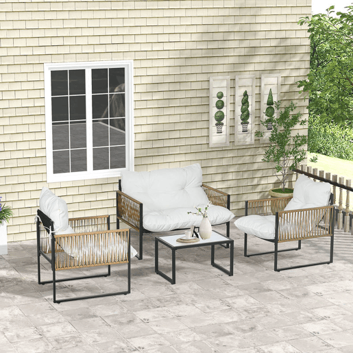Outsunny Conjunto de Jardim Exterior em Rattan Móveis de Jardim para 4 Peças com 1 Sofá de 2 Lugares 2 Poltronas Almofadas e 1 Mesa com Tampo de Vidro para Terraço Creme e Castanho